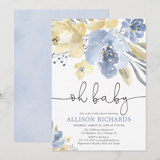 Invitation Oh baby shower floral jaune bleu poussiéreux de (Devant / Derrière)