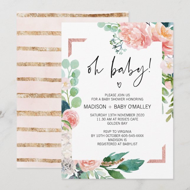 Invitation Oh Baby shower Genre Neutral Bébé Flore Bassin (Devant / Derrière)
