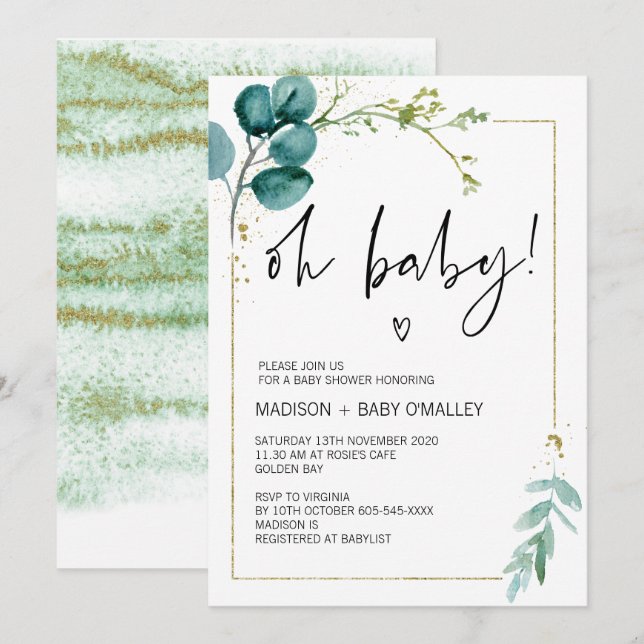 Invitation Oh Baby shower Genre Neutre Bébé Bassin Vert (Devant / Derrière)