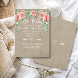 Invitation Oh Baby shower Girl Fleur Couronne Grange Bois pla