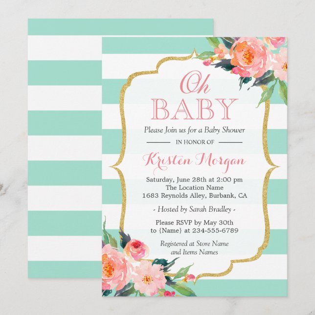 Invitation Oh Baby shower Mint Green Stripes rose Floral (Devant / Derrière)