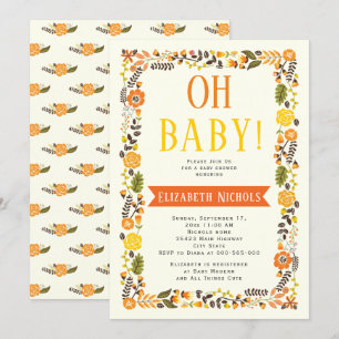 Invitation Oh Baby shower orange et jaune frontière florale