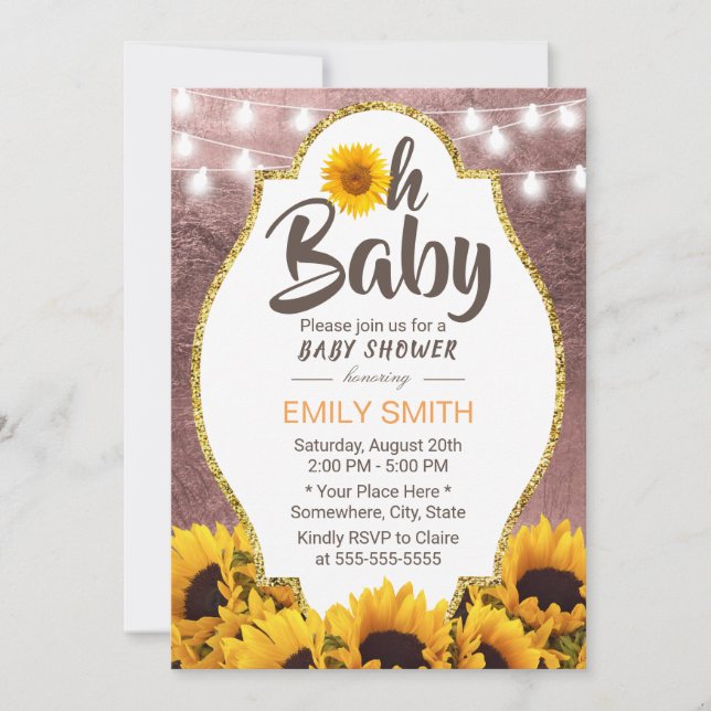 Invitation Oh Baby shower Sunflowers String Lights Rose Gold (Devant)