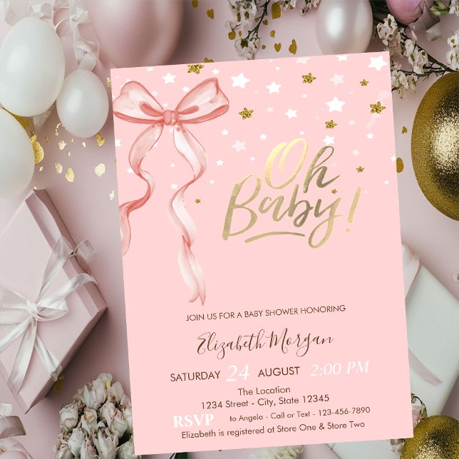 Invitation Oh Baby Stars Pink Bow Baby shower (Créateur téléchargé)