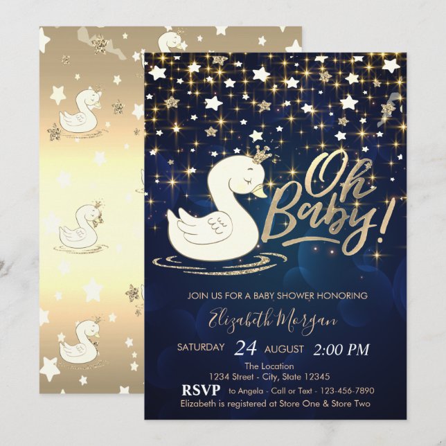 Invitation Oh Baby Swan Crown Gold Stars Baby shower (Devant / Derrière)