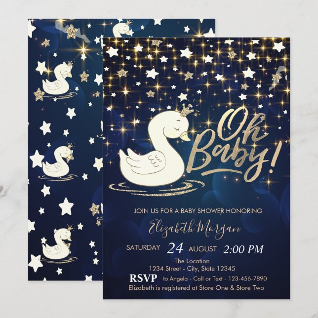 Invitation Oh Baby Swan Crown Stars Marine Baby shower bleu (Devant / Derrière)