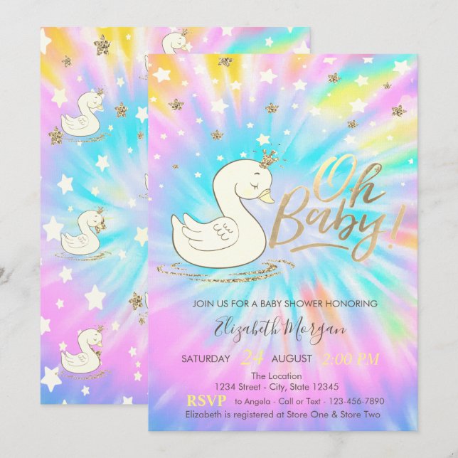 Invitation Oh Baby Swan Crown Stars Tie Dye Baby shower (Devant / Derrière)