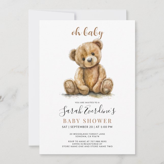Invitation Oh Baby Teddy Bear Baby shower d'aquarelle (Devant)