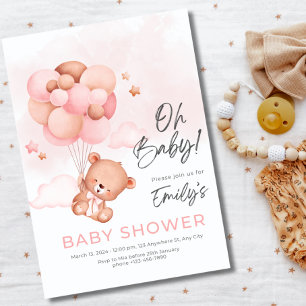 Invitation Oh Baby Teddy Ours Avec Balloon Girl Baby shower