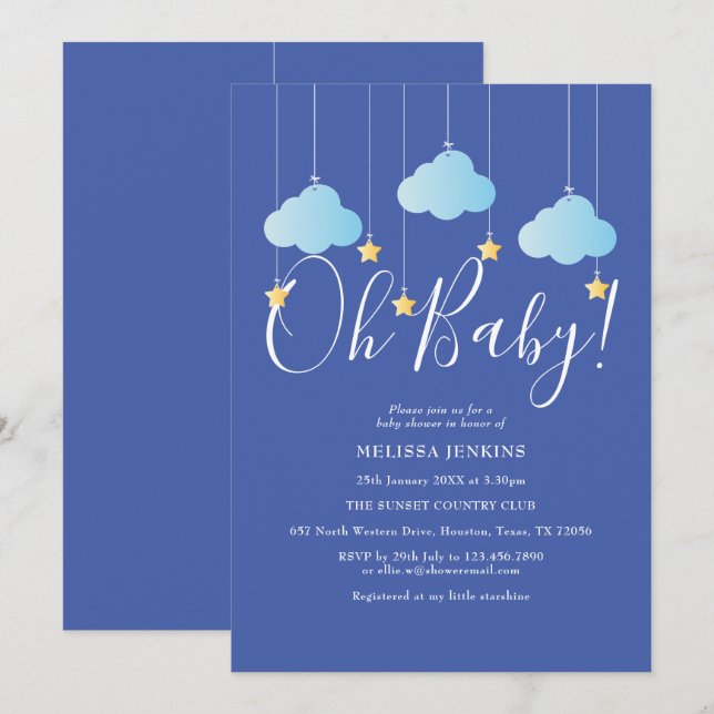Invitation Oh Baby Twinkle Twinkle Baby Boy Shower / Sprinkle (Devant / Derrière)