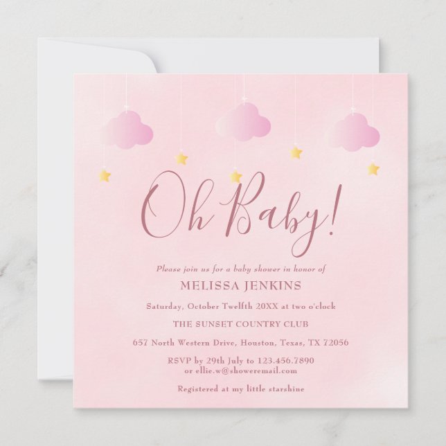 Invitation Oh Baby Twinkle Twinkle Soft Baby shower rose (Devant)