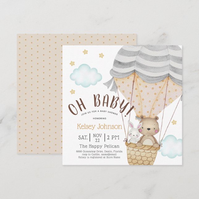 Invitation Oh Baby Woodland Teddy Bear Baby shower neutre (Devant / Derrière)
