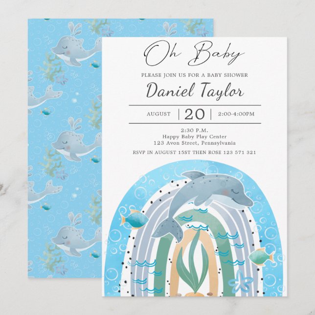 Invitation Oh bébé Aquarelle dauphin Baby shower bébé (Devant / Derrière)