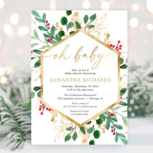 Invitation Oh Bébé aquarelle Noël hollies baby shower