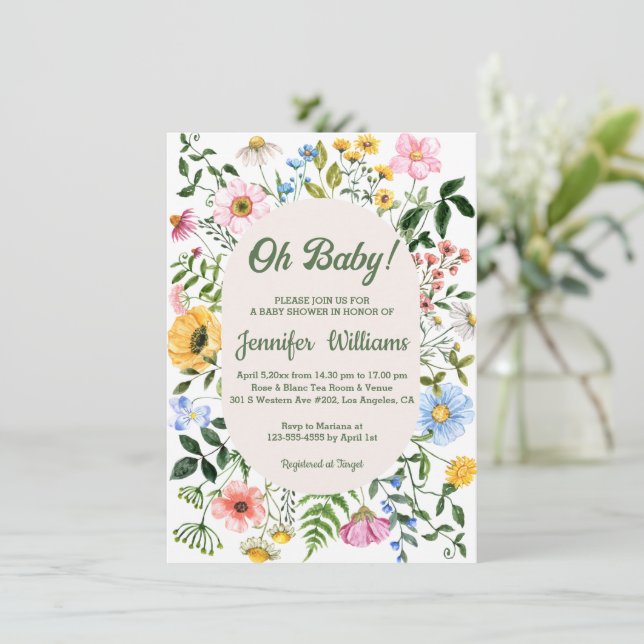 Invitation oh bébé, baby shower aquarelle fleurs sauvages ver (Debout devant)