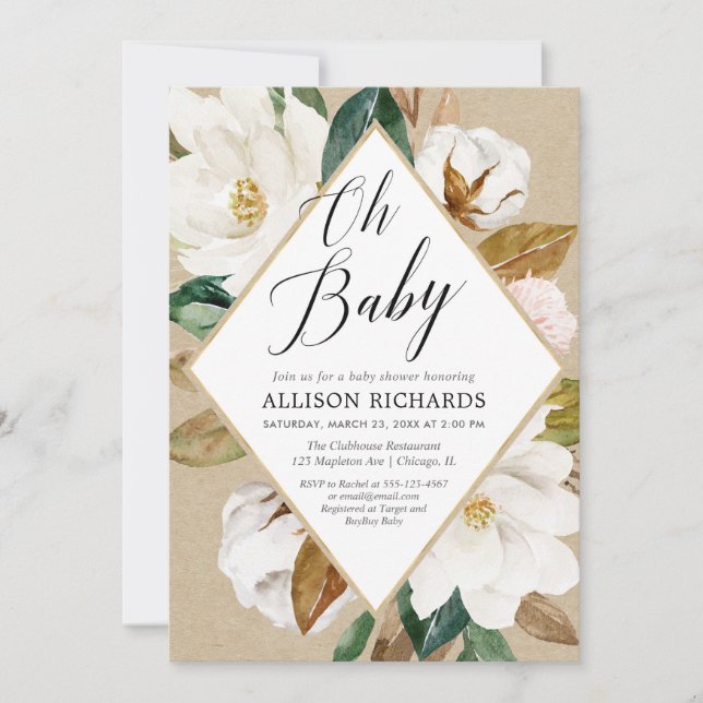 Invitation Oh bébé baby shower de magnolia floral rustique (Devant)