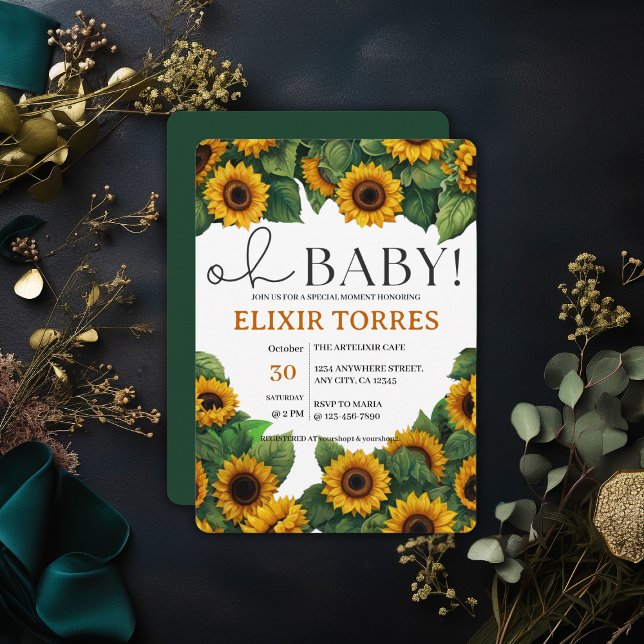 Invitation Oh Bébé" Baby shower de tournesol moderne et éléga (Créateur téléchargé)