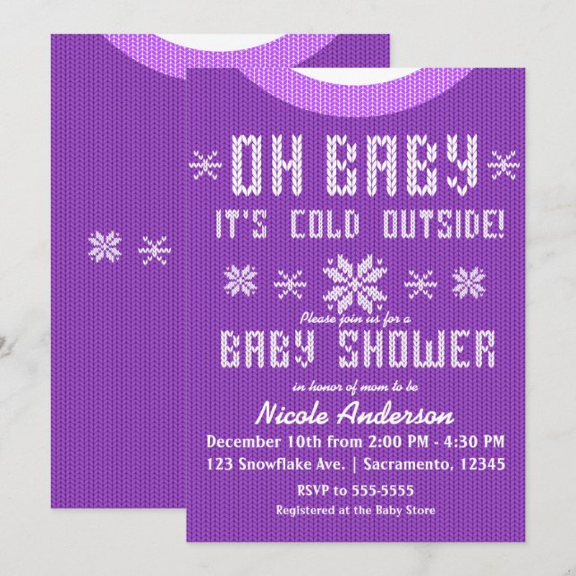 Invitation OH BÉBÉ Baby shower d'hiver Knit Sweater violet (Devant / Derrière)