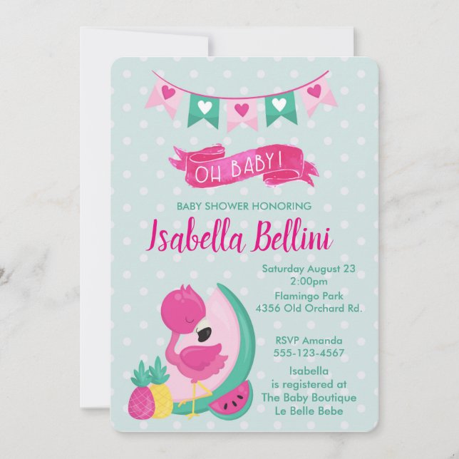 Invitation Oh bébé Baby shower Flamant rose rose (Devant)