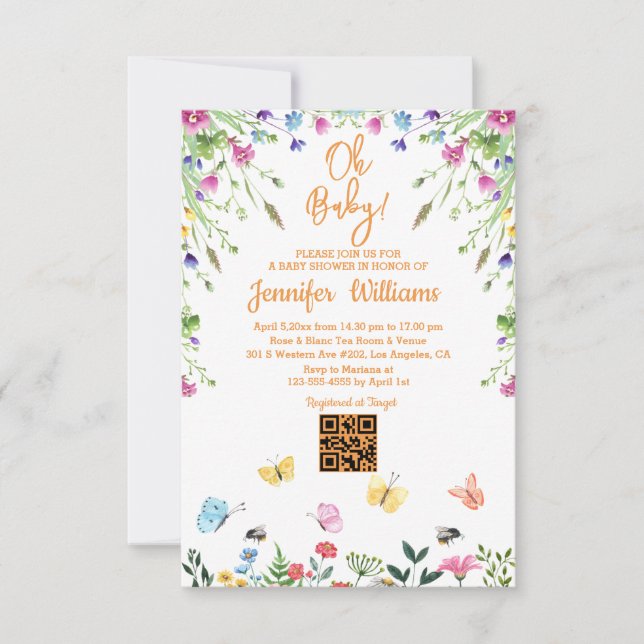 Invitation oh bébé, baby shower qr code oranges florales (Devant)