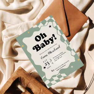 Invitation Oh Bébé ! Baby Shower Rétro à Carreaux Vert Sauge