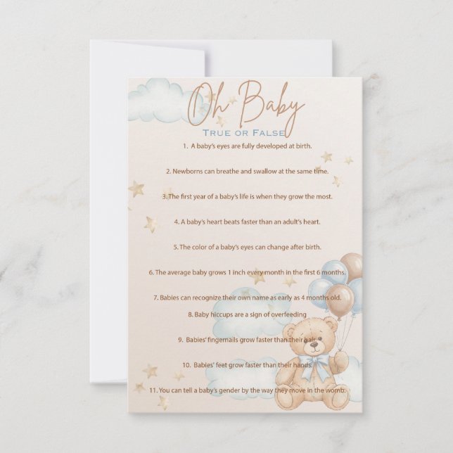 Invitation OH bébé, Baby shower Trivia Jeu, Vrai ou Faux (Devant)