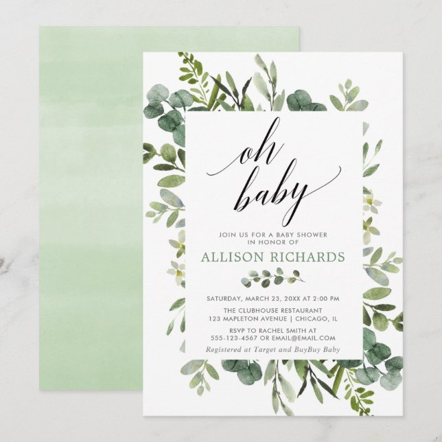 Invitation Oh, bébé baby shower vert neutre pour le genre (Devant / Derrière)