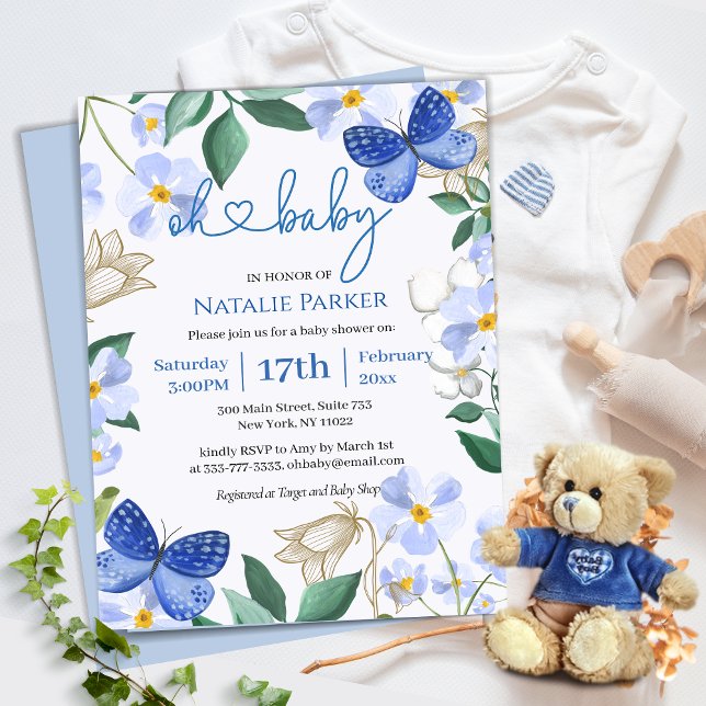 Invitation Oh Bébé Bleu Papillon Floral Baby shower garçon (Créateur téléchargé)