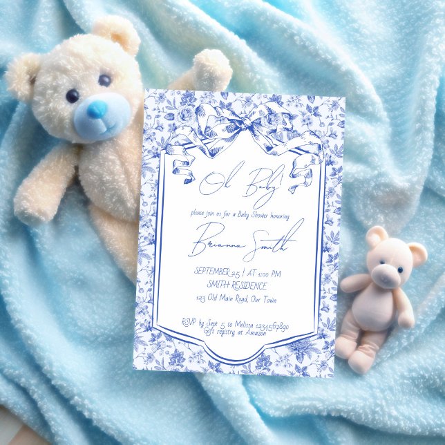 Invitation Oh bébé bleu toile de jouy croquis baby shower (Oh baby blue toile de jouy ribbon bow sketch baby shower invitation template)