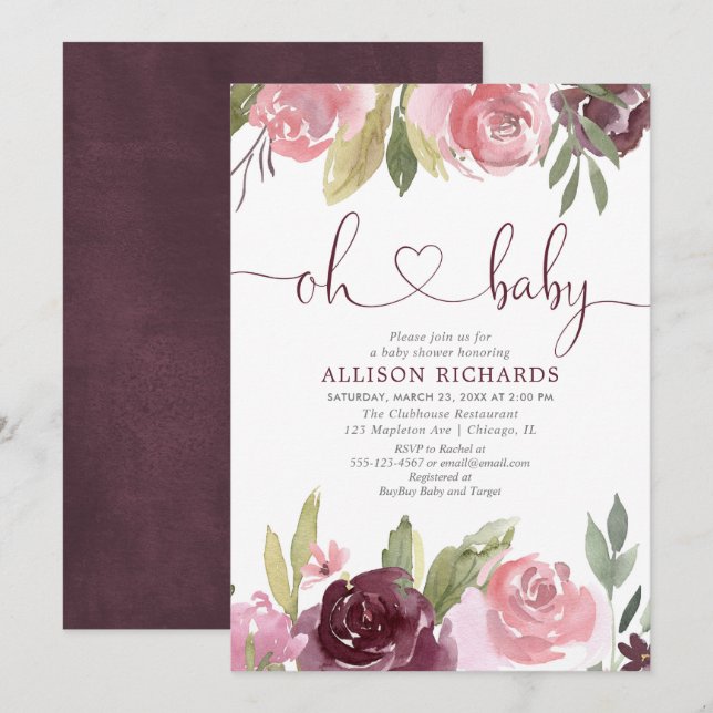 Invitation Oh bébé Blush burgundy fille baby shower floral (Devant / Derrière)