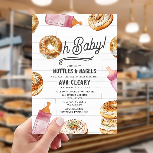 Invitation Oh Bébé Bouteilles & Bagels Baby shower rose Brunc (Créateur téléchargé)