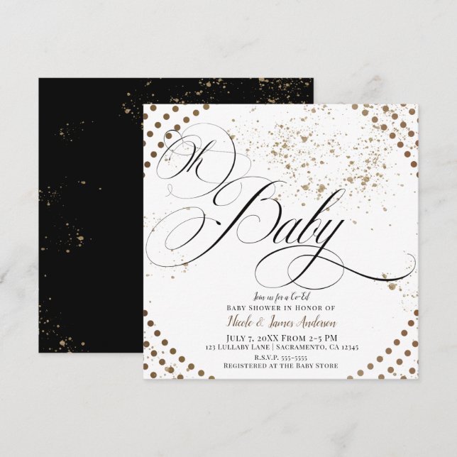 Invitation Oh Bébé Bronze Noir Moderne Co-ed Baby shower Chic (Devant / Derrière)
