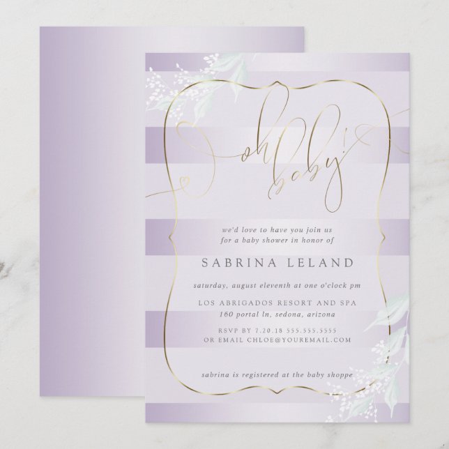 Invitation OH Bébé ! Calligraphie Ombré Lilac (Devant / Derrière)