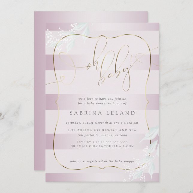Invitation OH Bébé ! Calligraphie Ombré Rose Pink Stripes (Devant / Derrière)