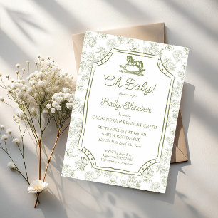 Invitation Oh bébé cheval à bascule vert sauge baby shower