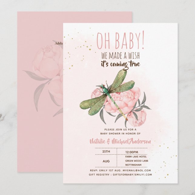 Invitation Oh Bébé DRAGONFLY Faire un Baby shower de souhait  (Devant / Derrière)