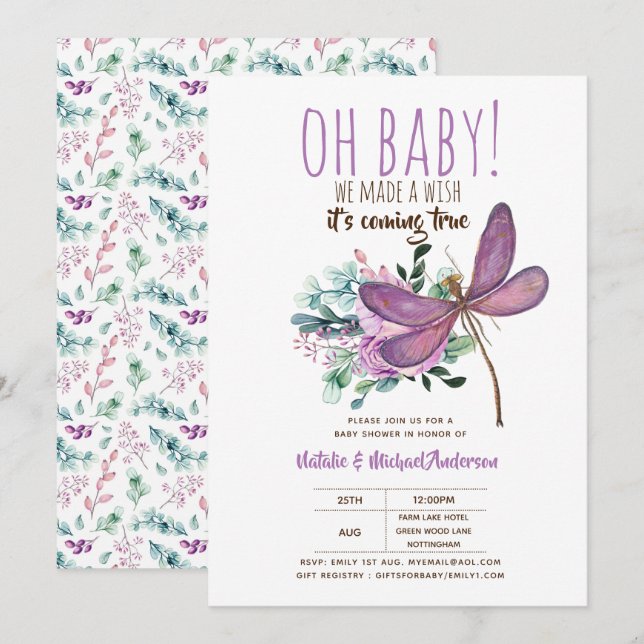Invitation Oh Bébé DRAGONFLY Faire un Baby shower de souhait  (Devant / Derrière)