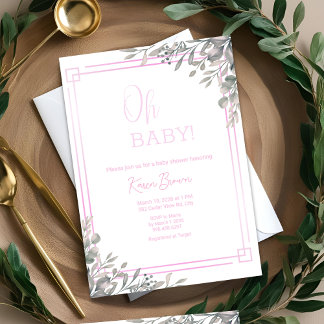Invitation Oh bébé Elegant Verdure et Baby shower rose