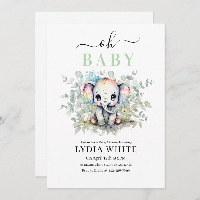 Invitation Oh bébé Elephant Baby shower Invitation, Garçon bé (Devant / Derrière)