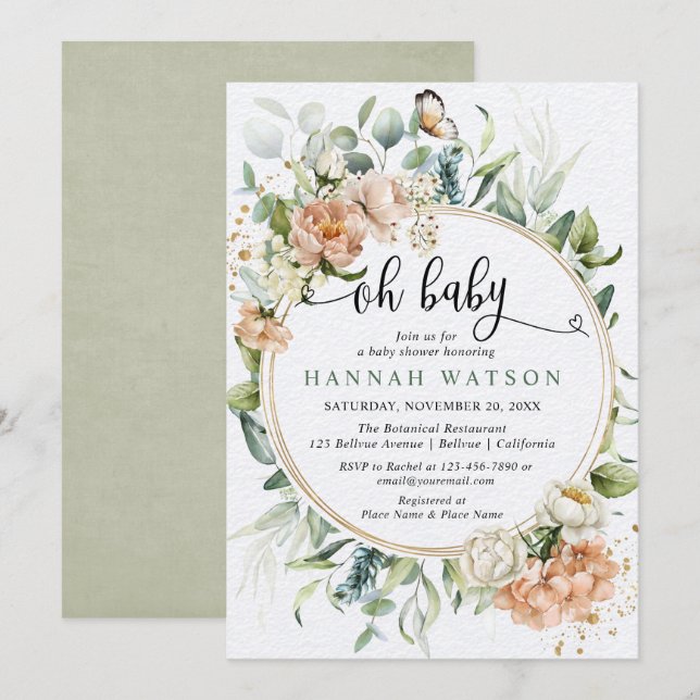 Invitation Oh bébé feuillage floral rose or fille baby shower (Devant / Derrière)