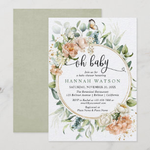 Invitation Oh bébé feuillage floral rose or fille baby shower