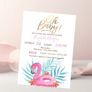 Invitation Oh Bébé Flamant Rose Feuilles de Palmier Hibiscus