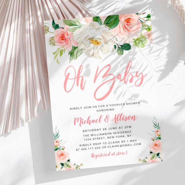 Invitation OH BÉBÉ | fleurs rose pâle fleurit couples floraux (Créateur téléchargé)