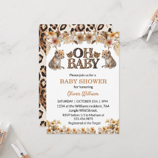 Invitation oh bébé fleurs tropicales baby shower léopard