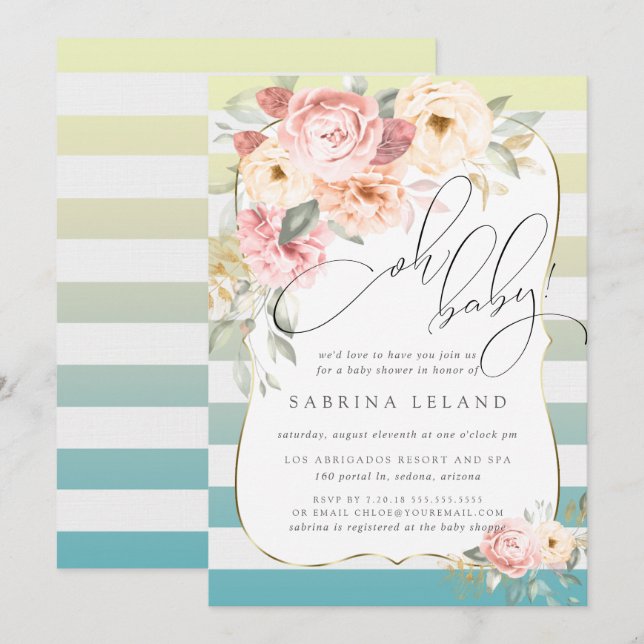 Invitation Oh Bébé Floral Bleu Jaune Ombre Stripes (Devant / Derrière)