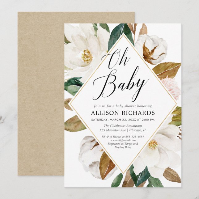 Invitation Oh bébé floral rustique magnolia baby shower (Devant / Derrière)