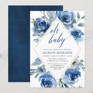 Invitation Oh bébé marine bleu blanc fleuri garçon baby showe