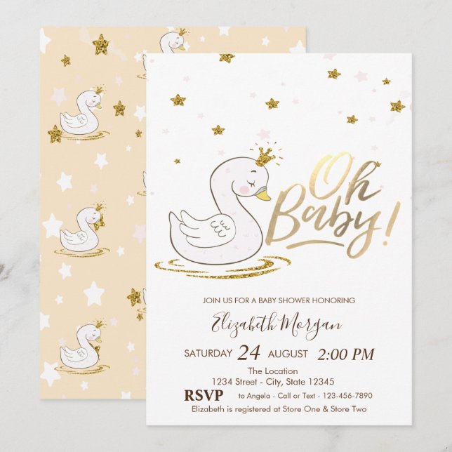 Invitation Oh Bébé mignon bébé Swan Stars Baby shower (Devant / Derrière)