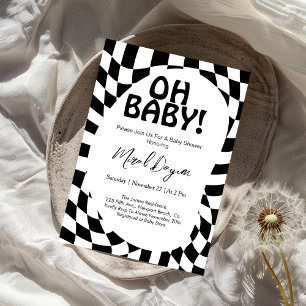 Invitation Oh Bébé! Moderne Baby Shower à carreaux noirs 