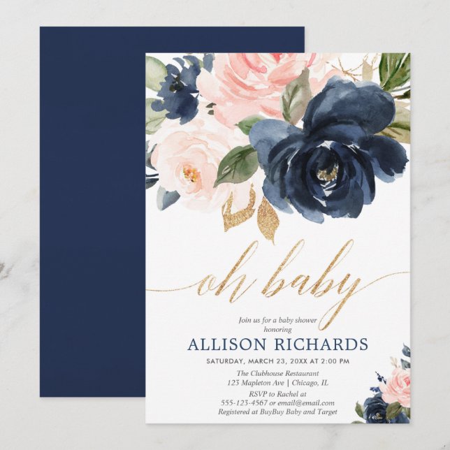 Invitation Oh bébé or rose marine floral fille baby shower (Devant / Derrière)